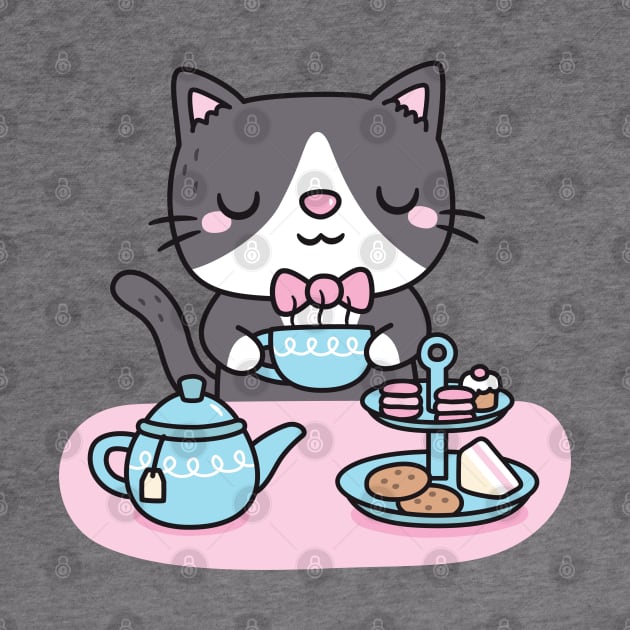 Cute Tuxedo Cat Enjoying Afternoon Tea Pastries And Snacks by rustydoodle